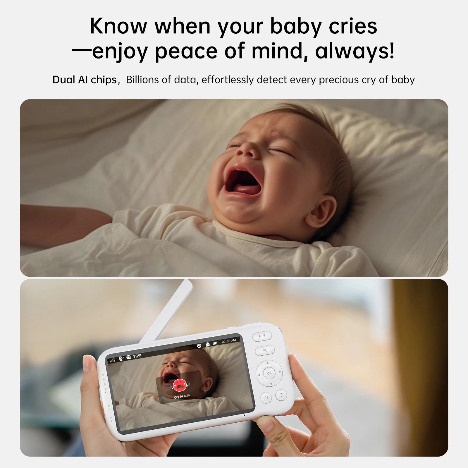 2K Video Baby Monitor, 3000Ft Long Range No Wifi Baby Monitor with 2 Cameras and Audio, 5.5" Split Display, AI Cry Detect, IR Night Vision, 2-Way Audio, 6000Mah